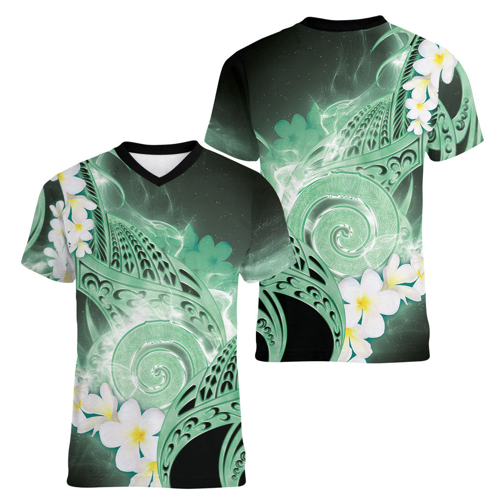 Piko Hawaiian Women V-Neck T-Shirt Green Galaxy Spiral Plumeria Tribal Patterns DT05 - Polynesian Pride