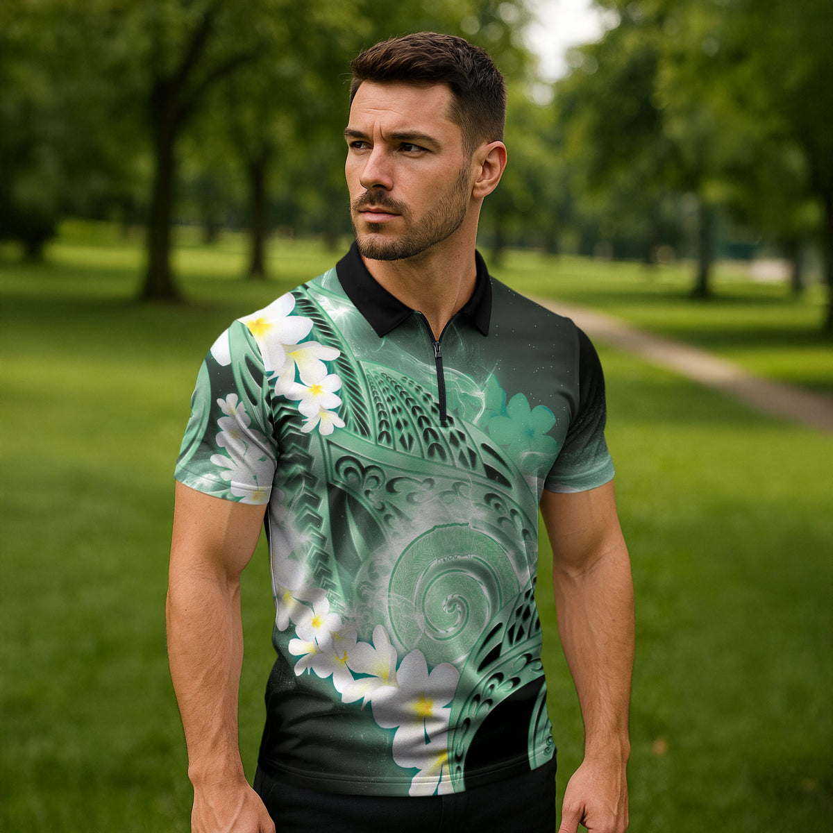 Piko Hawaiian Zipper Polo Shirt Green Galaxy Spiral Plumeria Tribal Patterns DT05 - Polynesian Pride