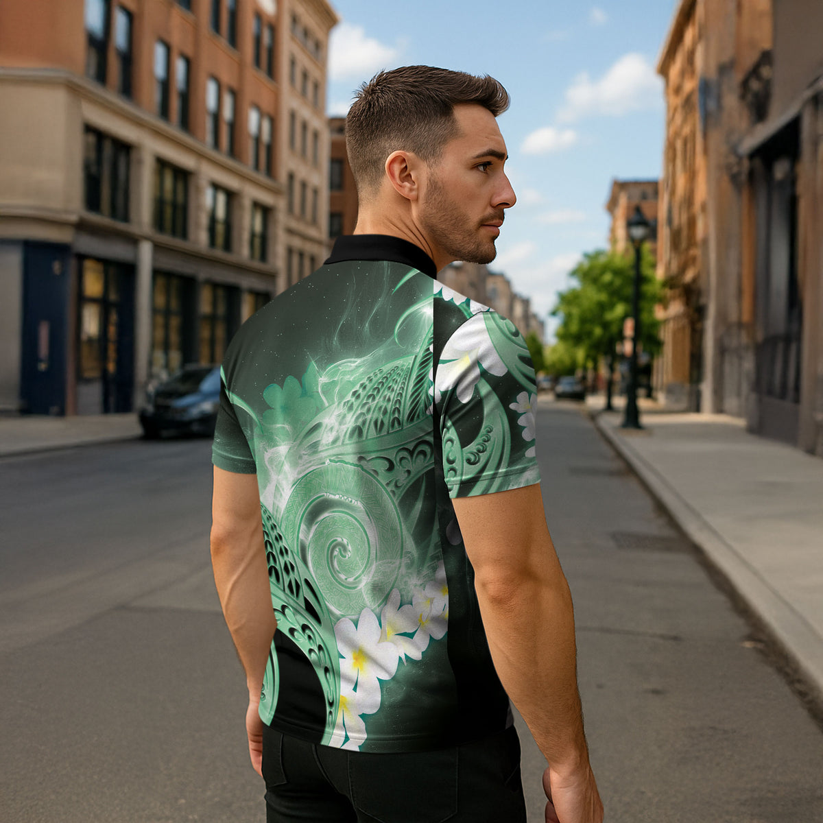 Piko Hawaiian Zipper Polo Shirt Green Galaxy Spiral Plumeria Tribal Patterns DT05 - Polynesian Pride