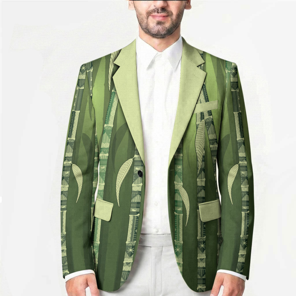 Personalised Fiji Language Week Sugarcane Masi Blazer Green Tapa Tribal Pattern DT05 - Polynesian Pride