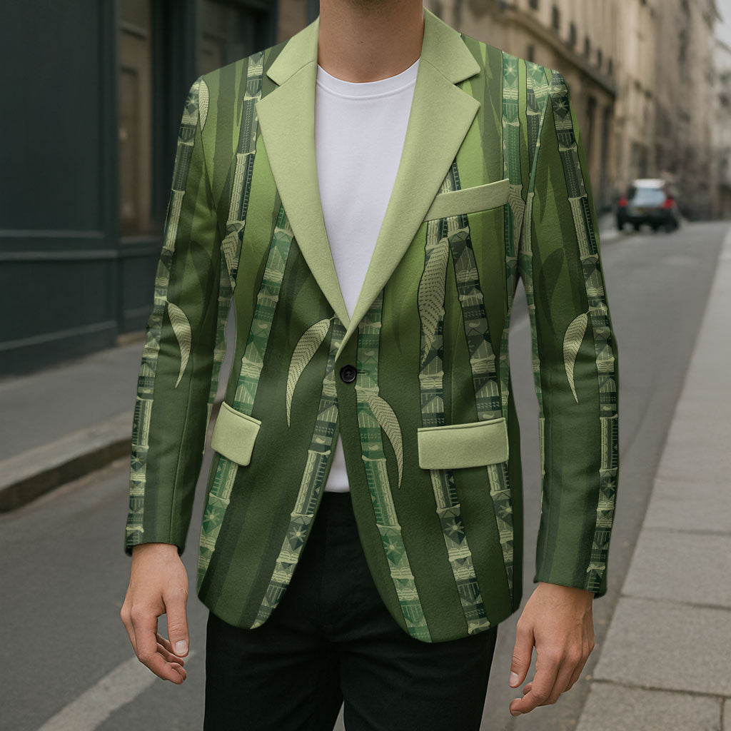 Personalised Fiji Language Week Sugarcane Masi Blazer Green Tapa Tribal Pattern DT05 - Polynesian Pride