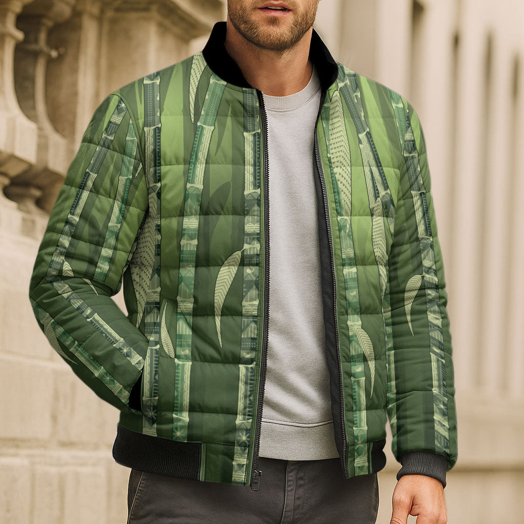 Personalised Fiji Language Week Sugarcane Masi Bomber Puffer Jacket Green Tapa Tribal Pattern DT05 - Polynesian Pride