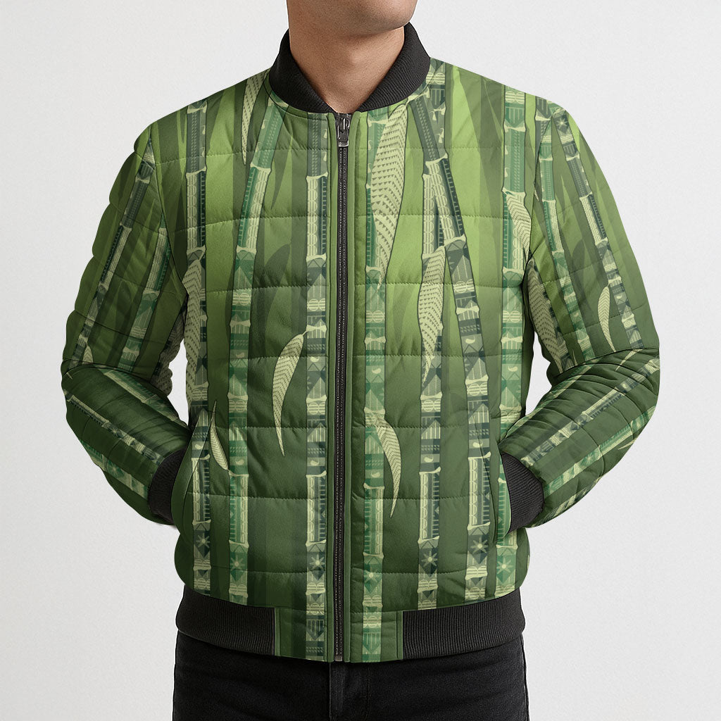 Personalised Fiji Language Week Sugarcane Masi Bomber Puffer Jacket Green Tapa Tribal Pattern DT05 - Polynesian Pride