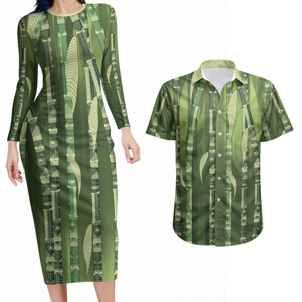 Personalised Fiji Language Week Sugarcane Masi Couples Matching Long Sleeve Bodycon Dress and Hawaiian Shirt Green Tapa Tribal Pattern DT05 Green - Polynesian Pride