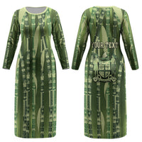 Personalised Fiji Language Week Sugarcane Masi Couples Matching Long Sleeve Bodycon Dress and Hawaiian Shirt Green Tapa Tribal Pattern DT05 - Polynesian Pride