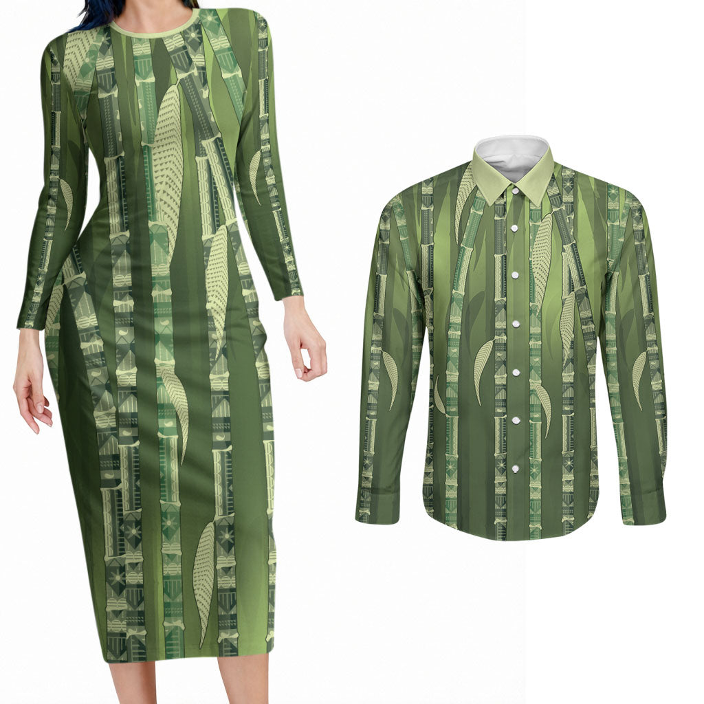Personalised Fiji Language Week Sugarcane Masi Couples Matching Long Sleeve Bodycon Dress and Long Sleeve Button Shirt Green Tapa Tribal Pattern DT05 Green - Polynesian Pride