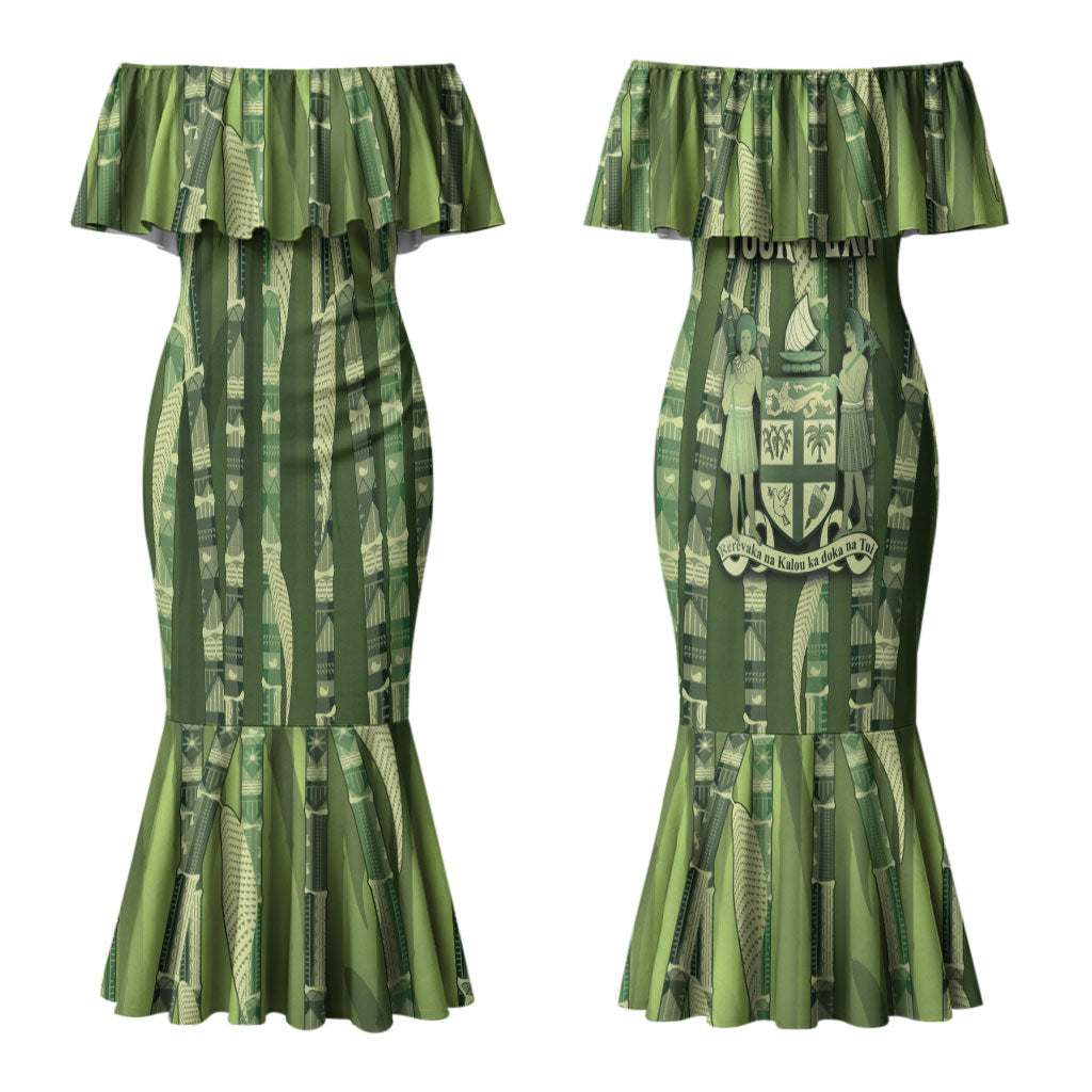 Personalised Fiji Language Week Sugarcane Masi Couples Matching Mermaid Dress and Hawaiian Shirt Green Tapa Tribal Pattern DT05 - Polynesian Pride