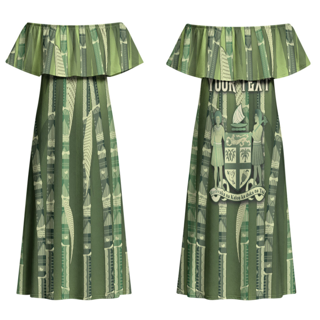 Personalised Fiji Language Week Sugarcane Masi Couples Matching Off Shoulder Maxi Dress and Long Sleeve Button Shirt Green Tapa Tribal Pattern DT05 - Polynesian Pride