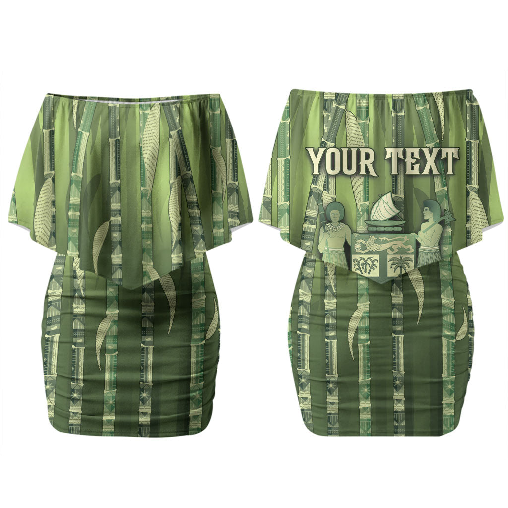 Personalised Fiji Language Week Sugarcane Masi Couples Matching Off Shoulder Short Dress and Hawaiian Shirt Green Tapa Tribal Pattern DT05 - Polynesian Pride