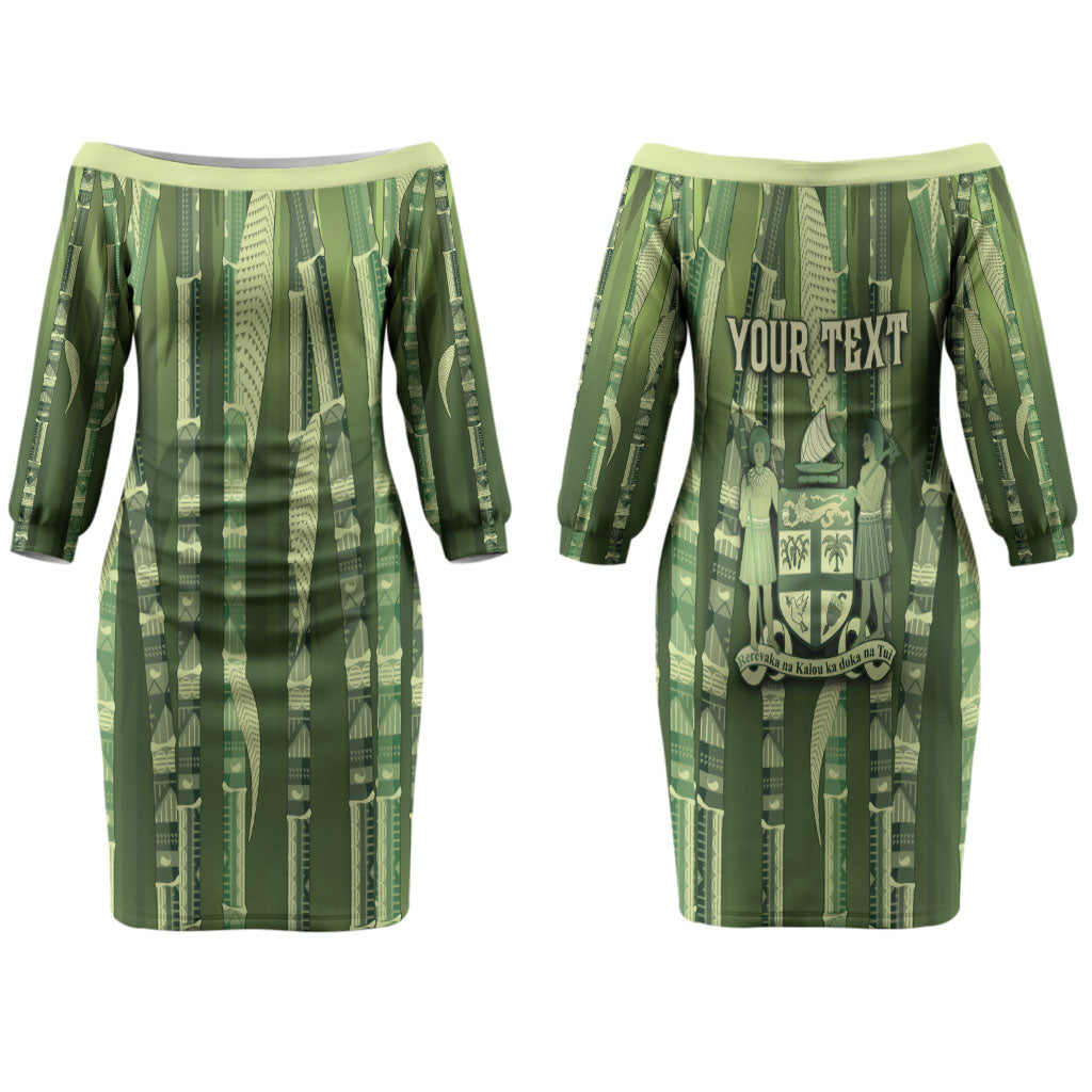 Personalised Fiji Language Week Sugarcane Masi Couples Matching Off The Shoulder Long Sleeve Dress and Hawaiian Shirt Green Tapa Tribal Pattern DT05 - Polynesian Pride