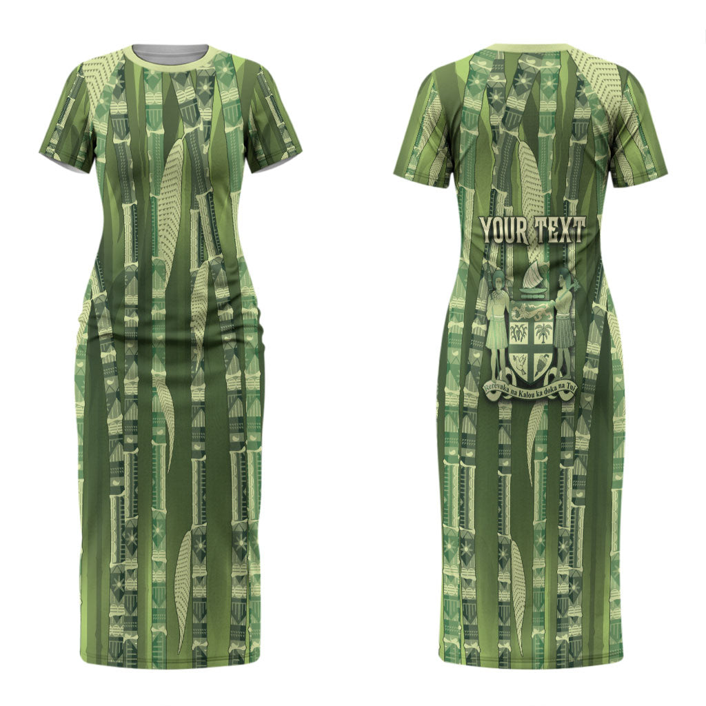 Personalised Fiji Language Week Sugarcane Masi Couples Matching Short Sleeve Bodycon Dress and Hawaiian Shirt Green Tapa Tribal Pattern DT05 - Polynesian Pride