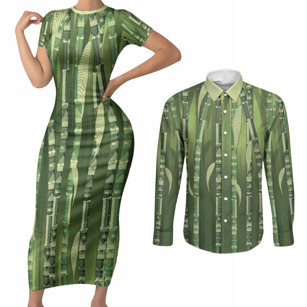 Personalised Fiji Language Week Sugarcane Masi Couples Matching Short Sleeve Bodycon Dress and Long Sleeve Button Shirt Green Tapa Tribal Pattern DT05 Green - Polynesian Pride