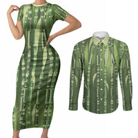 Personalised Fiji Language Week Sugarcane Masi Couples Matching Short Sleeve Bodycon Dress and Long Sleeve Button Shirt Green Tapa Tribal Pattern DT05 Green - Polynesian Pride