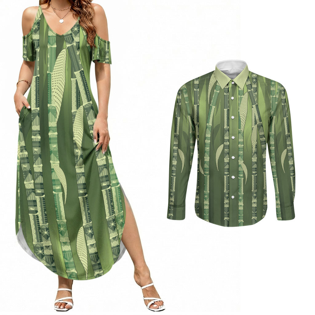 Personalised Fiji Language Week Sugarcane Masi Couples Matching Summer Maxi Dress and Long Sleeve Button Shirt Green Tapa Tribal Pattern DT05 Green - Polynesian Pride