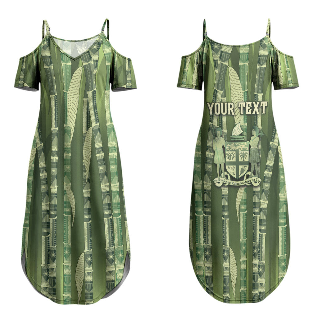 Personalised Fiji Language Week Sugarcane Masi Couples Matching Summer Maxi Dress and Long Sleeve Button Shirt Green Tapa Tribal Pattern DT05 - Polynesian Pride