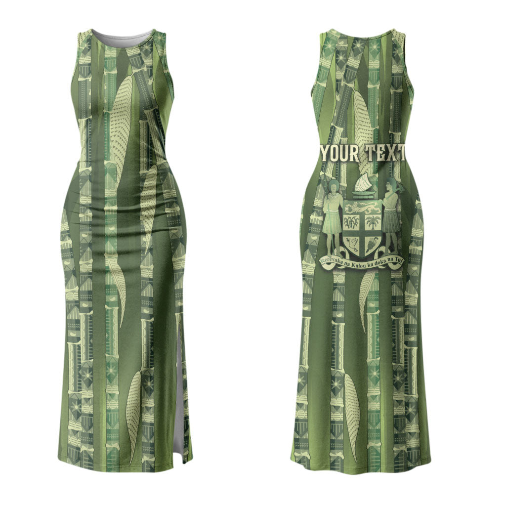 Personalised Fiji Language Week Sugarcane Masi Couples Matching Tank Maxi Dress and Hawaiian Shirt Green Tapa Tribal Pattern DT05 - Polynesian Pride