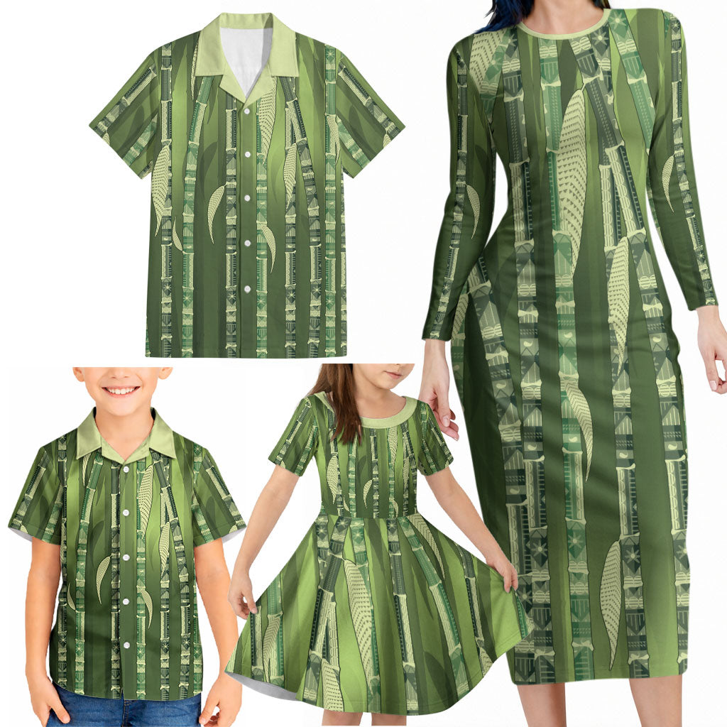 Personalised Fiji Language Week Sugarcane Masi Family Matching Long Sleeve Bodycon Dress and Hawaiian Shirt Green Tapa Tribal Pattern DT05 - Polynesian Pride