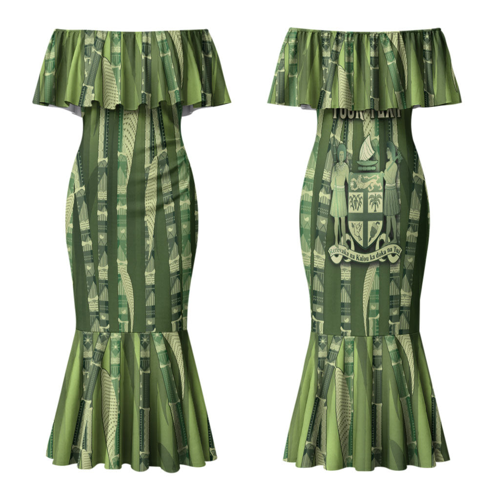 Personalised Fiji Language Week Sugarcane Masi Family Matching Mermaid Dress and Hawaiian Shirt Green Tapa Tribal Pattern DT05 Mom's Dress Green - Polynesian Pride