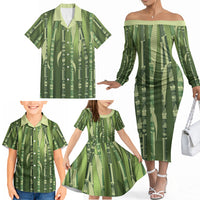 Personalised Fiji Language Week Sugarcane Masi Family Matching Off The Shoulder Long Sleeve Dress and Hawaiian Shirt Green Tapa Tribal Pattern DT05 - Polynesian Pride
