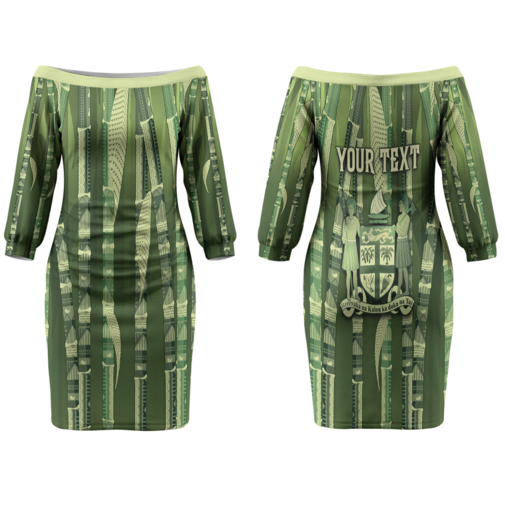 Personalised Fiji Language Week Sugarcane Masi Family Matching Off The Shoulder Long Sleeve Dress and Hawaiian Shirt Green Tapa Tribal Pattern DT05 Mom's Dress Green - Polynesian Pride