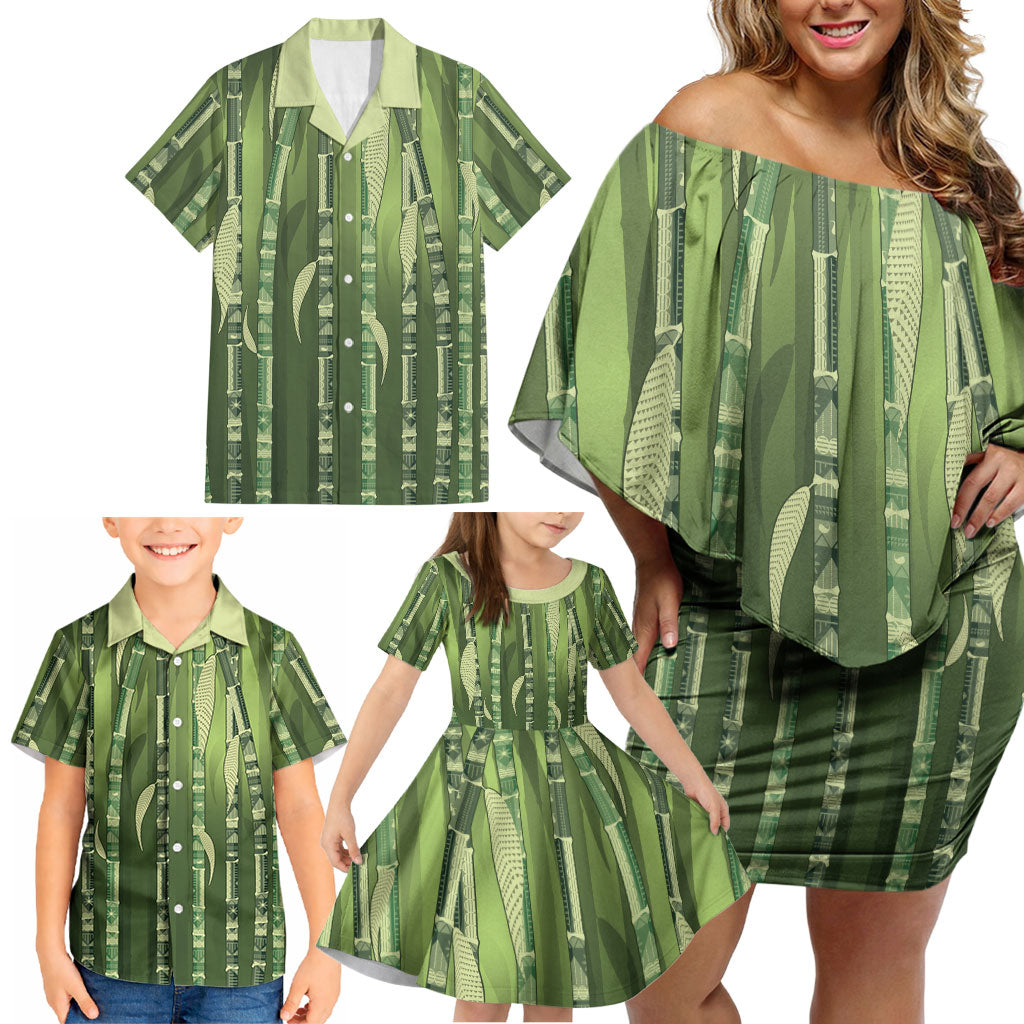 Personalised Fiji Language Week Sugarcane Masi Family Matching Off Shoulder Short Dress and Hawaiian Shirt Green Tapa Tribal Pattern DT05 - Polynesian Pride