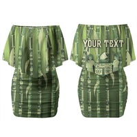 Personalised Fiji Language Week Sugarcane Masi Family Matching Off Shoulder Short Dress and Hawaiian Shirt Green Tapa Tribal Pattern DT05 Mom's Dress Green - Polynesian Pride
