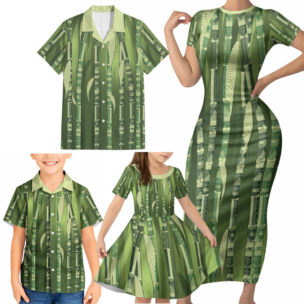 Personalised Fiji Language Week Sugarcane Masi Family Matching Short Sleeve Bodycon Dress and Hawaiian Shirt Green Tapa Tribal Pattern DT05 - Polynesian Pride