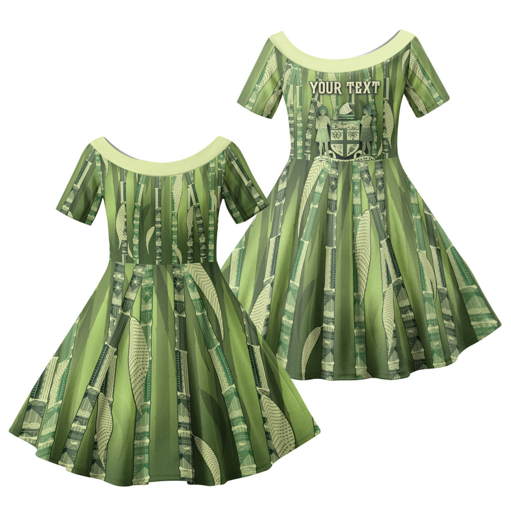 Personalised Fiji Language Week Sugarcane Masi Family Matching Short Sleeve Bodycon Dress and Hawaiian Shirt Green Tapa Tribal Pattern DT05 Daughter's Dress Green - Polynesian Pride