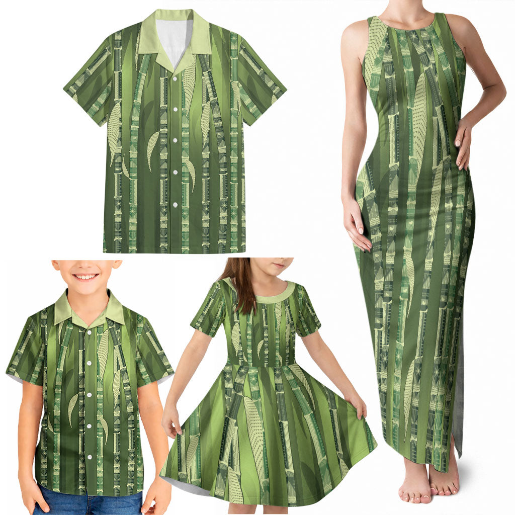 Personalised Fiji Language Week Sugarcane Masi Family Matching Tank Maxi Dress and Hawaiian Shirt Green Tapa Tribal Pattern DT05 - Polynesian Pride