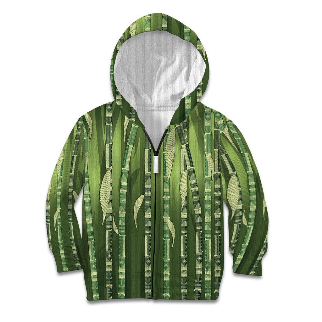 Personalised Fiji Language Week Sugarcane Masi Kid Hoodie Green Tapa Tribal Pattern DT05 Zip Hoodie Green - Polynesian Pride