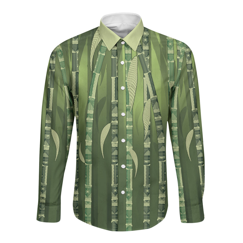 Personalised Fiji Language Week Sugarcane Masi Long Sleeve Button Shirt Green Tapa Tribal Pattern DT05 Unisex Green - Polynesian Pride