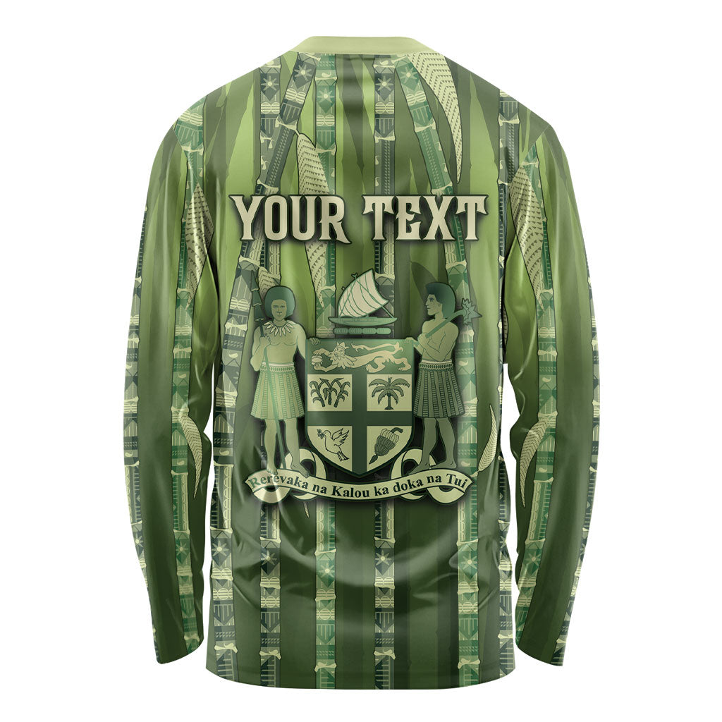 Personalised Fiji Language Week Sugarcane Masi Long Sleeve Shirt Green Tapa Tribal Pattern DT05 - Polynesian Pride