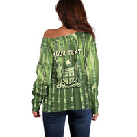 Personalised Fiji Language Week Sugarcane Masi Off Shoulder Sweater Green Tapa Tribal Pattern DT05 - Polynesian Pride