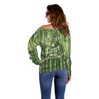 Personalised Fiji Language Week Sugarcane Masi Off Shoulder Sweater Green Tapa Tribal Pattern DT05 - Polynesian Pride