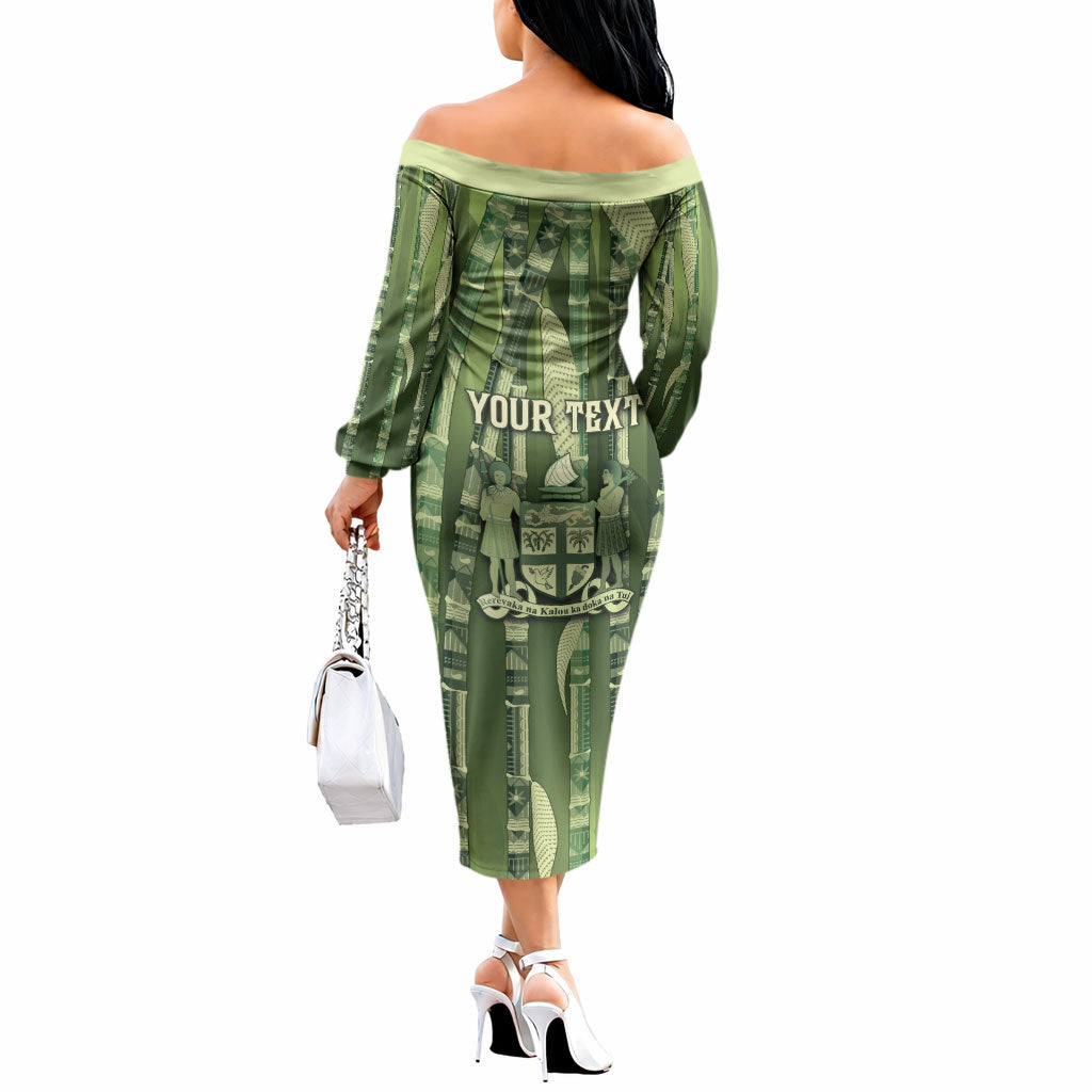 Personalised Fiji Language Week Sugarcane Masi Off The Shoulder Long Sleeve Dress Green Tapa Tribal Pattern DT05 - Polynesian Pride