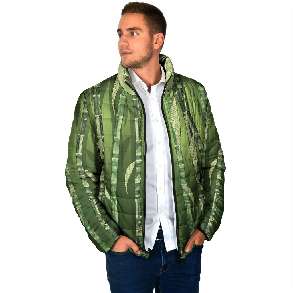 Personalised Fiji Language Week Sugarcane Masi Padded Jacket Green Tapa Tribal Pattern DT05 - Polynesian Pride