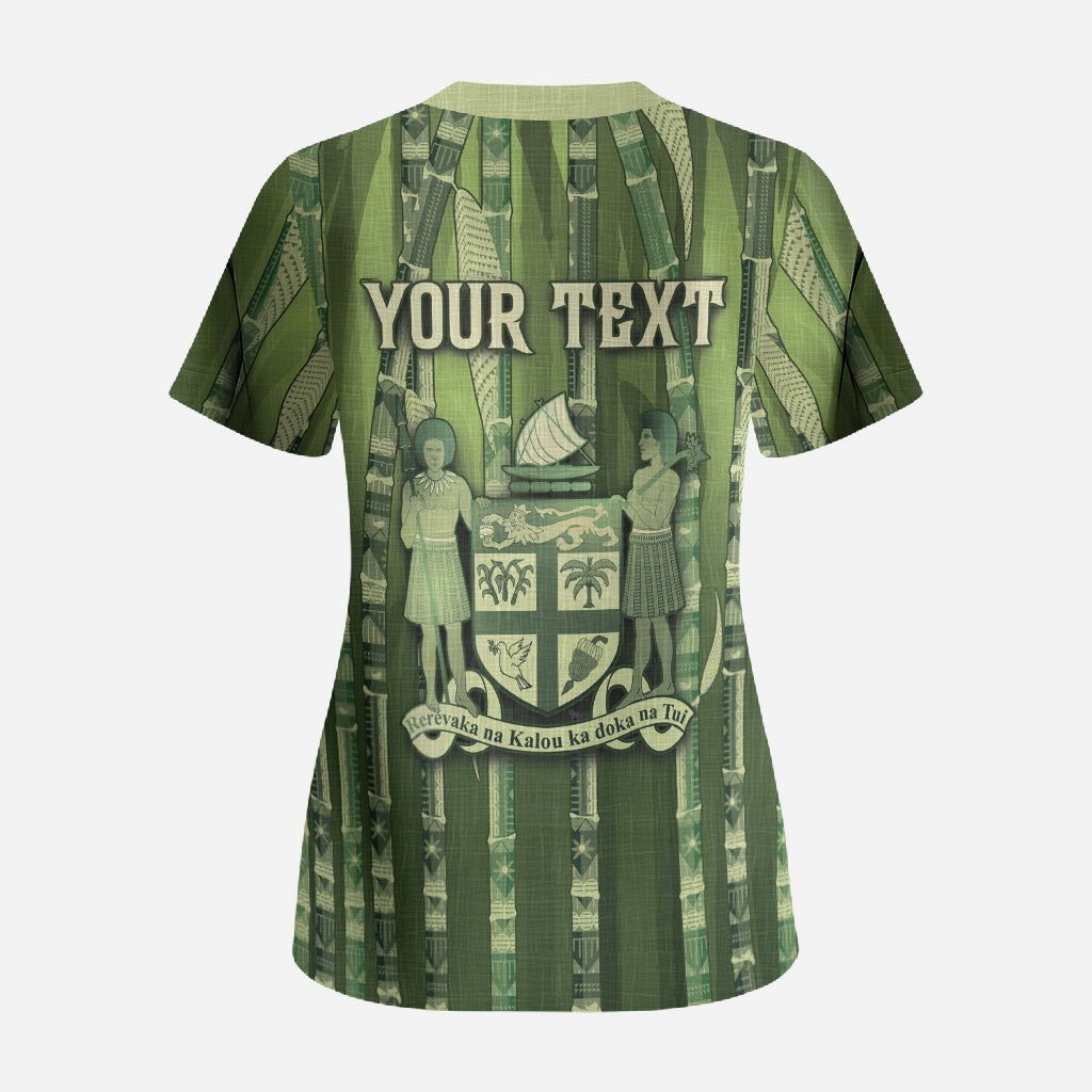 Personalised Fiji Language Week Sugarcane Masi Scrub Top Green Tapa Tribal Pattern DT05 - Polynesian Pride