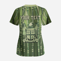 Personalised Fiji Language Week Sugarcane Masi Scrub Top Green Tapa Tribal Pattern DT05 - Polynesian Pride
