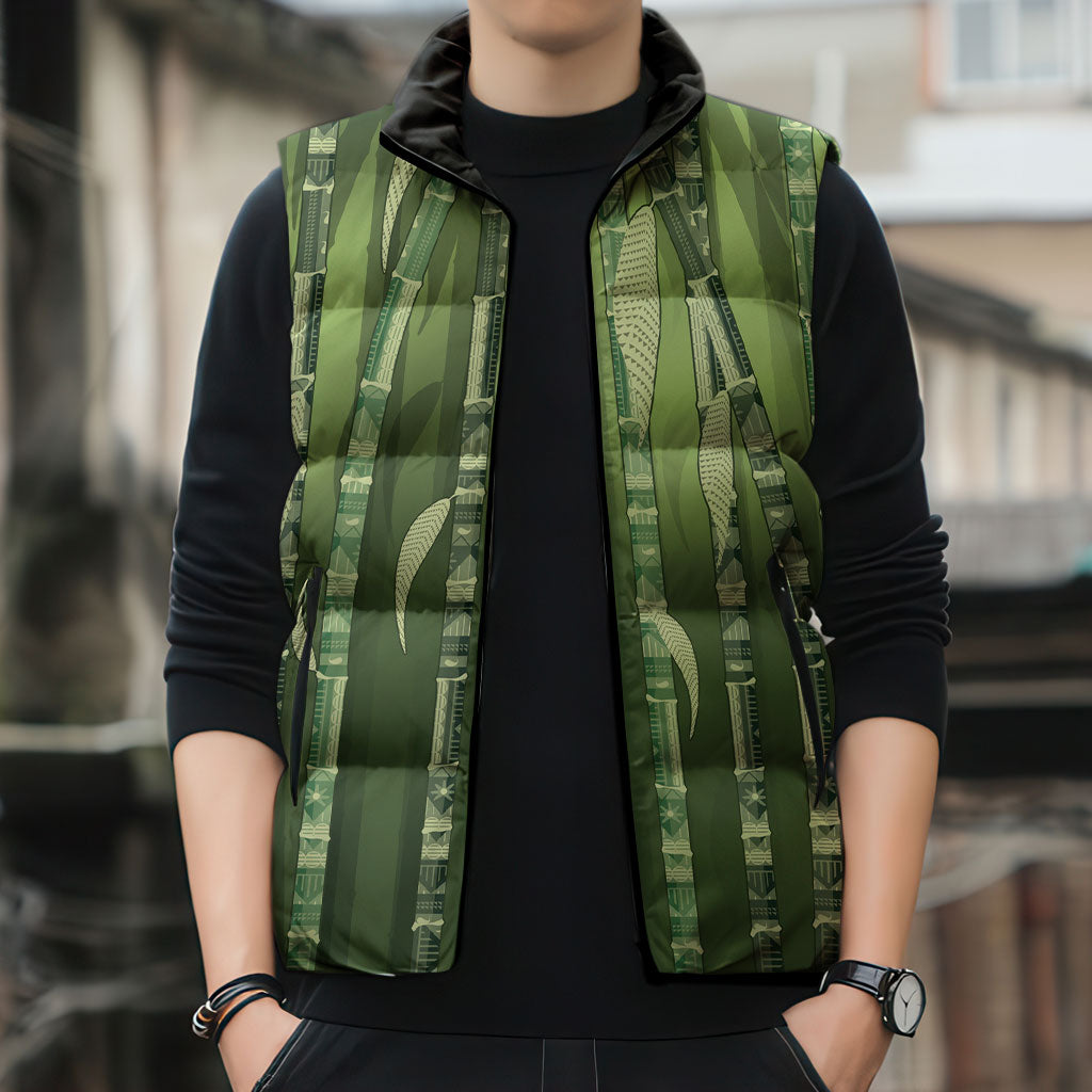 Personalised Fiji Language Week Sugarcane Masi Sleeveless Puffer Jacket Green Tapa Tribal Pattern DT05 - Polynesian Pride