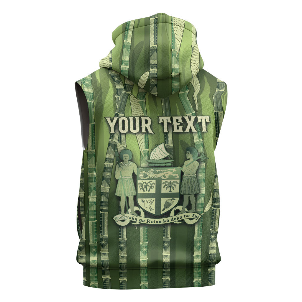 Personalised Fiji Language Week Sugarcane Masi Sleeveless Zip Hoodie Green Tapa Tribal Pattern DT05 - Polynesian Pride