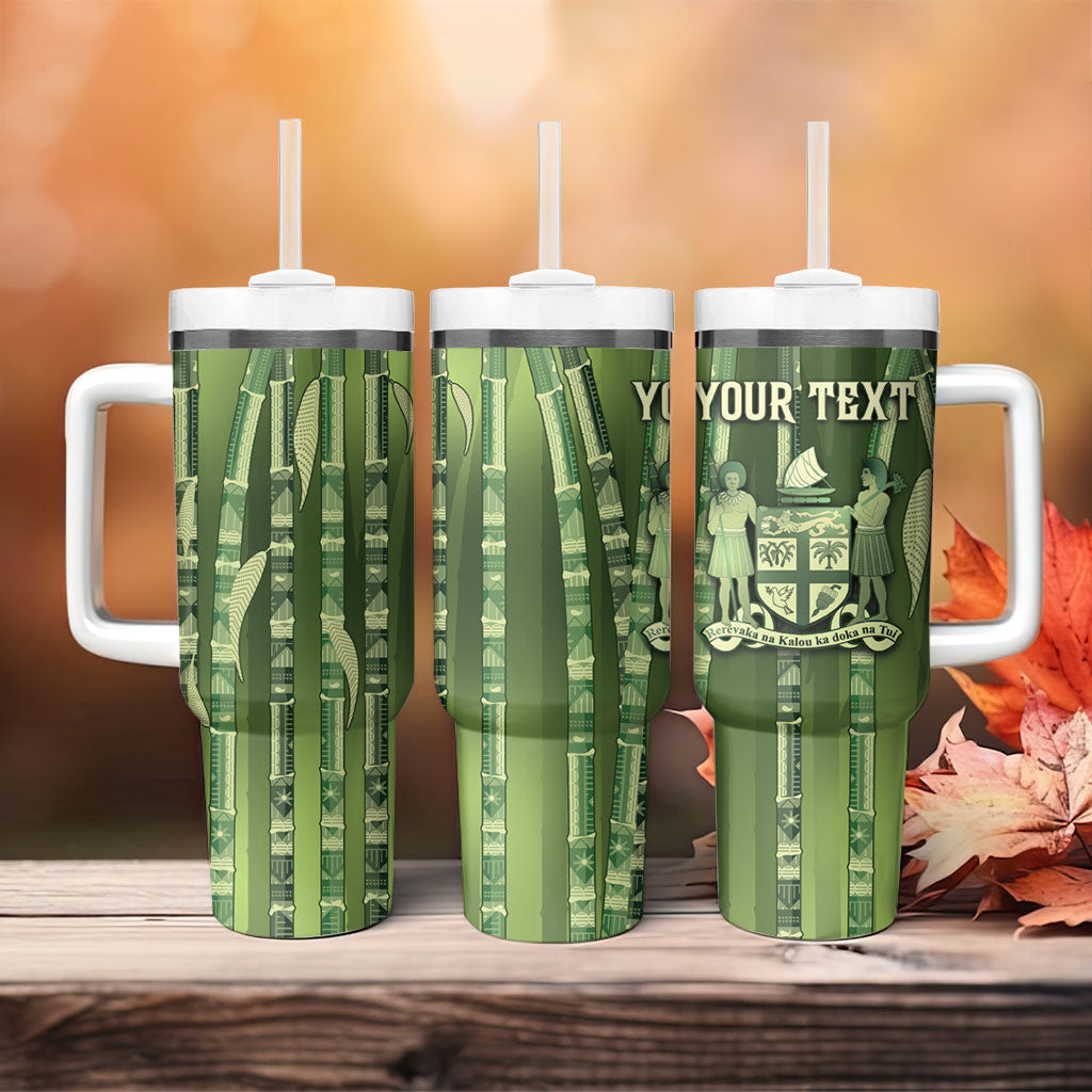 Personalised Fiji Language Week Sugarcane Masi Tumbler With Handle Green Tapa Tribal Pattern DT05 - Polynesian Pride