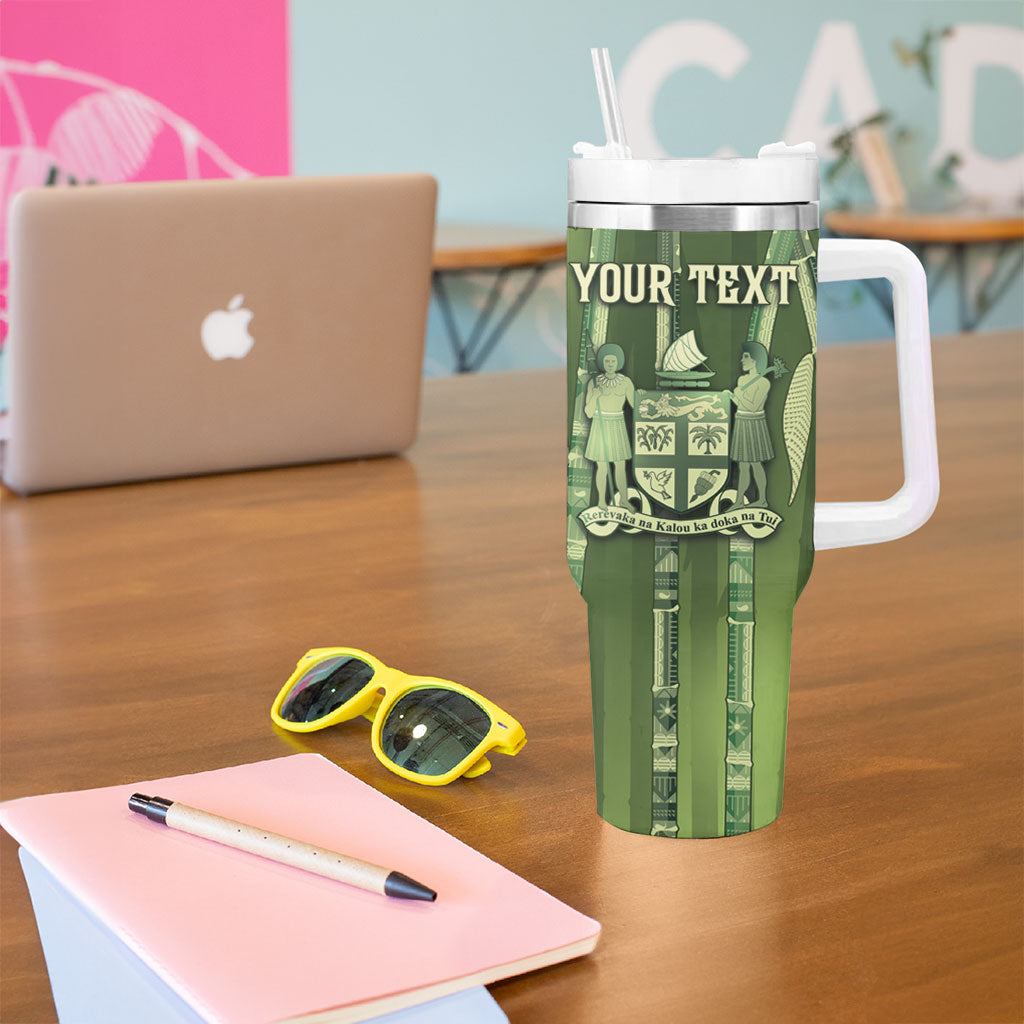Personalised Fiji Language Week Sugarcane Masi Tumbler With Handle Green Tapa Tribal Pattern DT05 - Polynesian Pride