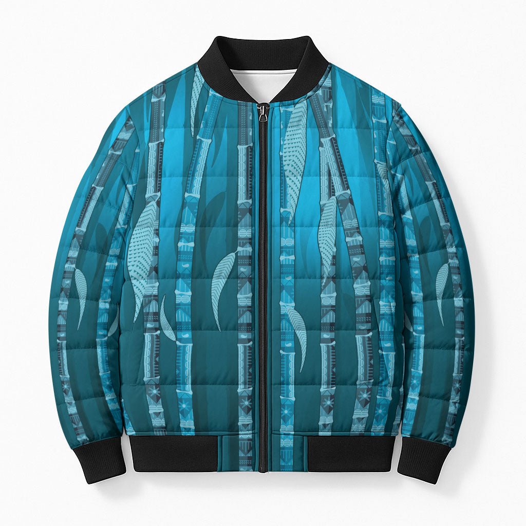 Personalised Fiji Language Week Sugarcane Masi Bomber Puffer Jacket Blue Tapa Tribal Pattern