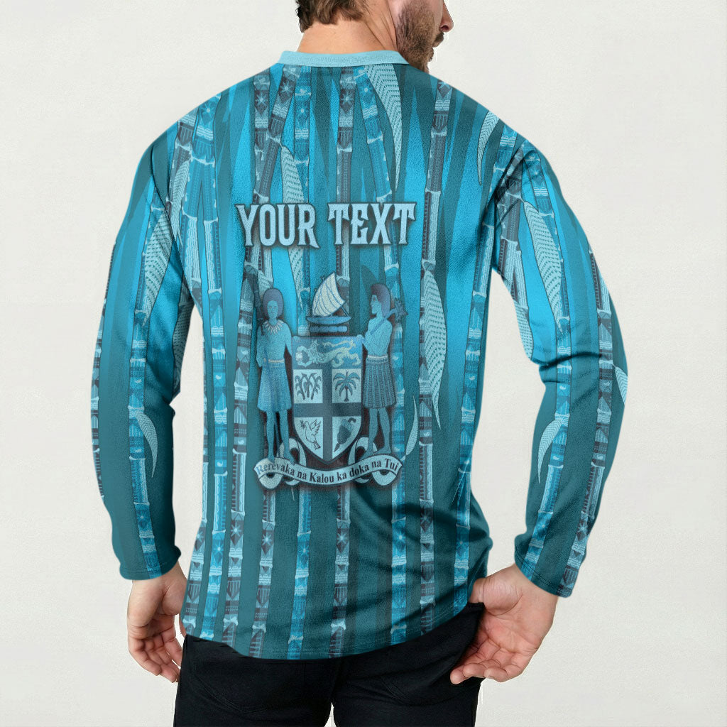 Personalised Fiji Language Week Sugarcane Masi Button Sweatshirt Blue Tapa Tribal Pattern DT05 - Polynesian Pride