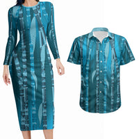 Personalised Fiji Language Week Sugarcane Masi Couples Matching Long Sleeve Bodycon Dress and Hawaiian Shirt Blue Tapa Tribal Pattern DT05 Blue - Polynesian Pride