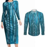 Personalised Fiji Language Week Sugarcane Masi Couples Matching Long Sleeve Bodycon Dress and Long Sleeve Button Shirt Blue Tapa Tribal Pattern DT05 Blue - Polynesian Pride