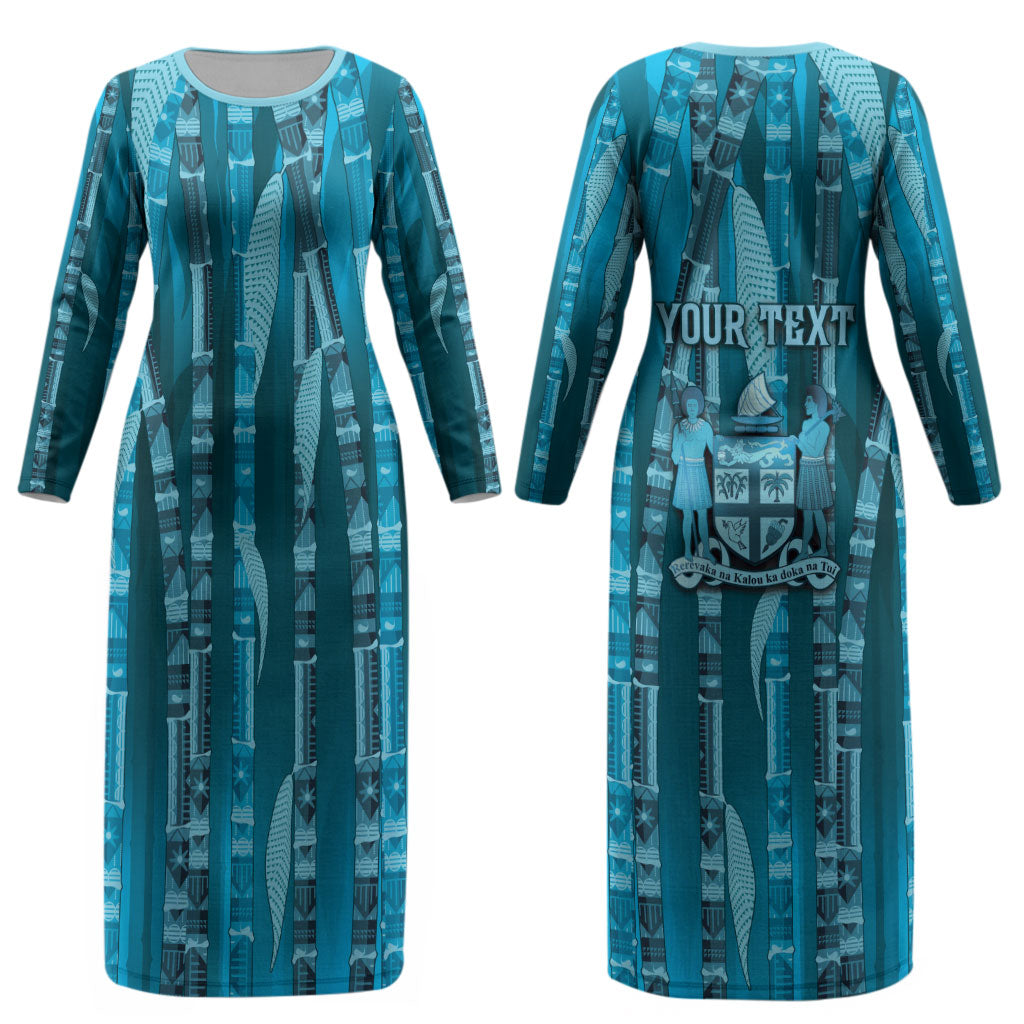 Personalised Fiji Language Week Sugarcane Masi Couples Matching Long Sleeve Bodycon Dress and Long Sleeve Button Shirt Blue Tapa Tribal Pattern DT05 - Polynesian Pride