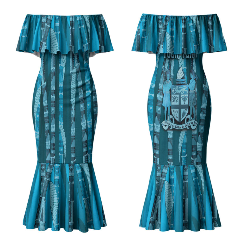 Personalised Fiji Language Week Sugarcane Masi Couples Matching Mermaid Dress and Hawaiian Shirt Blue Tapa Tribal Pattern DT05 - Polynesian Pride