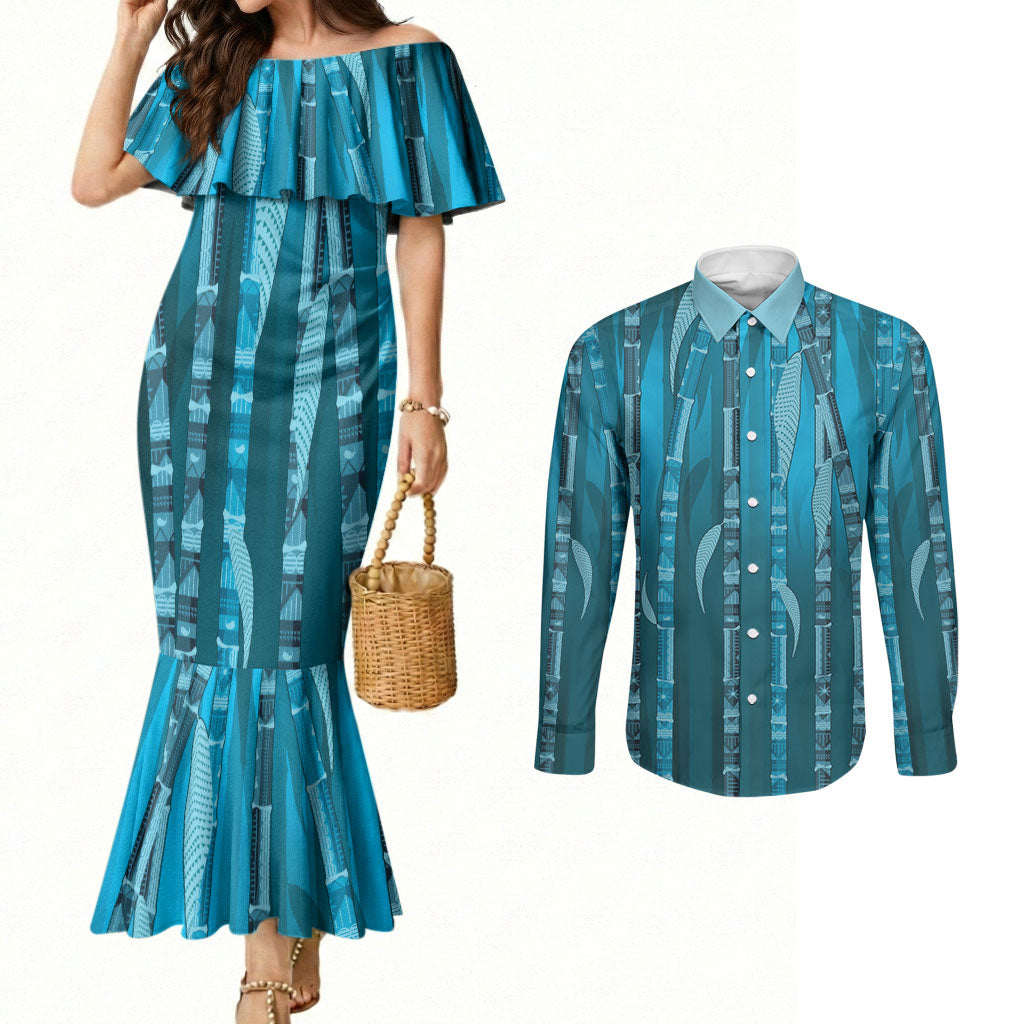Personalised Fiji Language Week Sugarcane Masi Couples Matching Mermaid Dress and Long Sleeve Button Shirt Blue Tapa Tribal Pattern DT05 Blue - Polynesian Pride