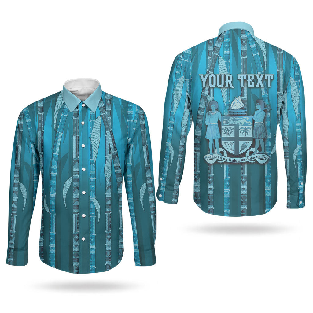 Personalised Fiji Language Week Sugarcane Masi Couples Matching Mermaid Dress and Long Sleeve Button Shirt Blue Tapa Tribal Pattern DT05 - Polynesian Pride